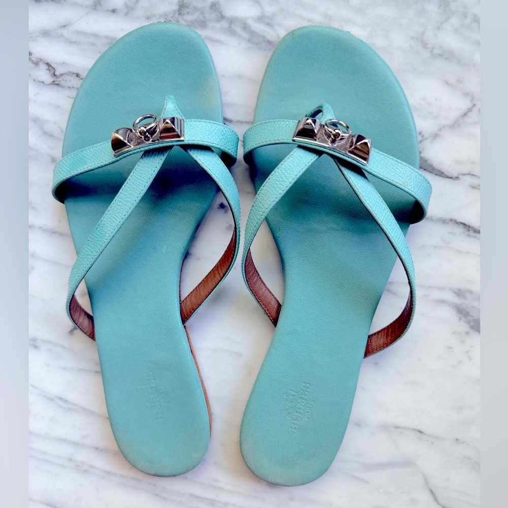 Hermes Epsom Corfou Sandals Bleu Atoll size 38